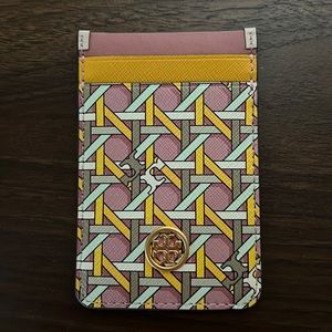NWOT Tory Burch Robinson Printed Card Cell Phone Pocket. Pink Basketweave.